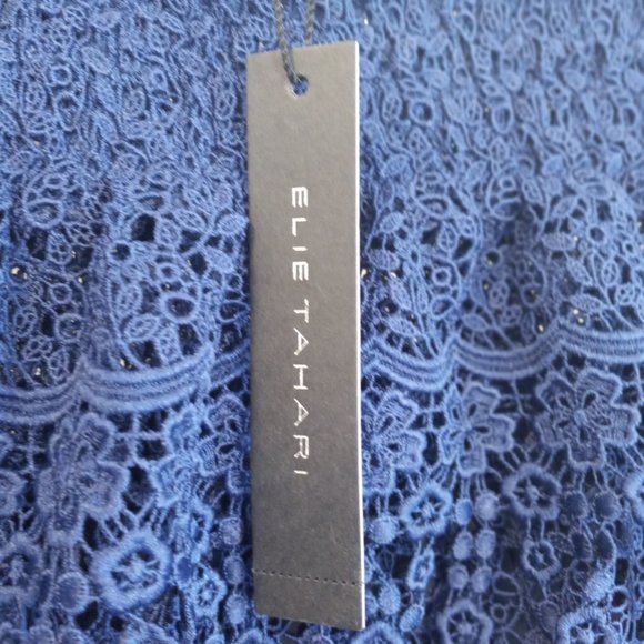 Elie Tahari Dress Blue Size 4 NWT Crochet Off Shoulder Tank Overlay MSRP $398 - Picture 8 of 14